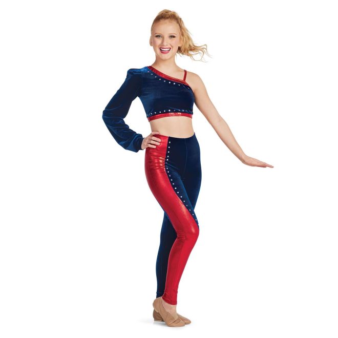 custom navy and red Crop Top with a Shoulder Strap on the Left and Puff Sleeve on the Right with matching leggings majorette uniform front view on model