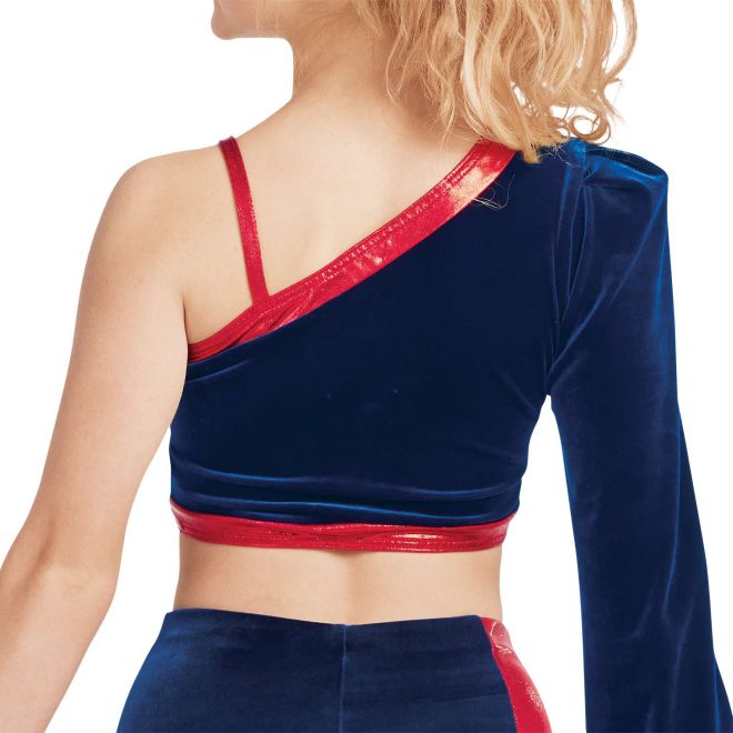 custom navy and red Crop Top with a Shoulder Strap on the Left and Puff Sleeve on the Right with matching leggings majorette uniform back view on model