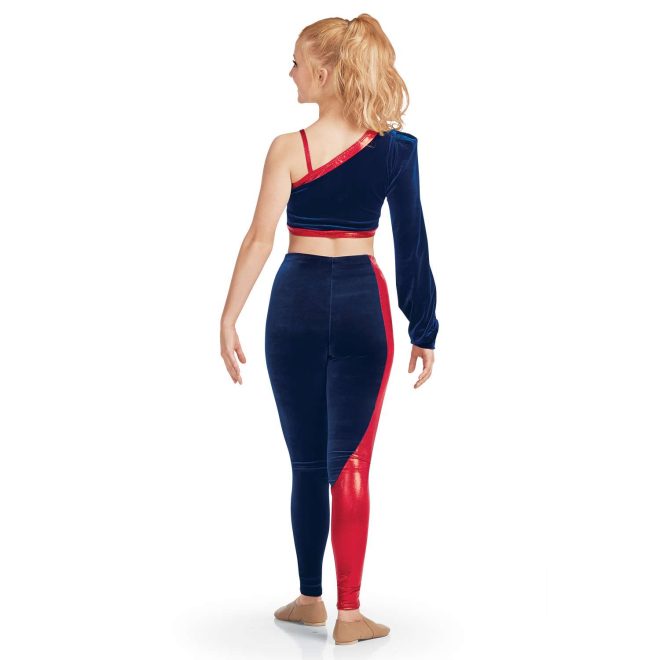 custom navy and red Crop Top with a Shoulder Strap on the Left and Puff Sleeve on the Right with matching leggings majorette uniform back view on model