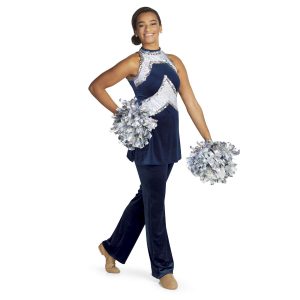 custom a-line navy and white sparkle with silver sequin trim color guard uniform with blue pants front view on model with silver poms