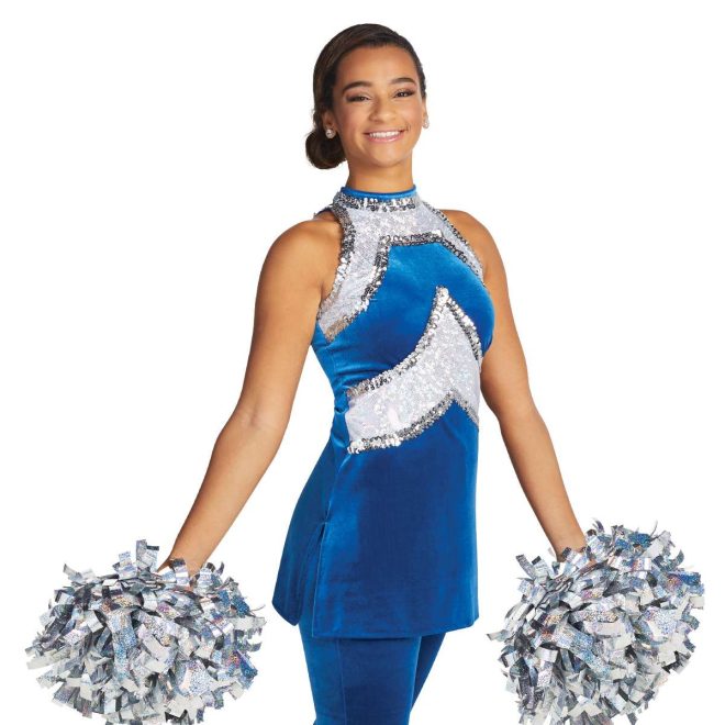 custom a-line royal and white sparkle with silver sequin trim color guard uniform with blue pants front view on model with silver poms