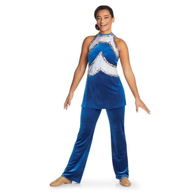 custom a-line royal and white sparkle with silver sequin trim color guard uniform with blue pants front view on model