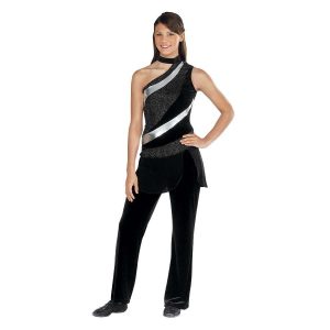 custom one shoulder black, silver, and black color guard uniform over black pants front view on model
