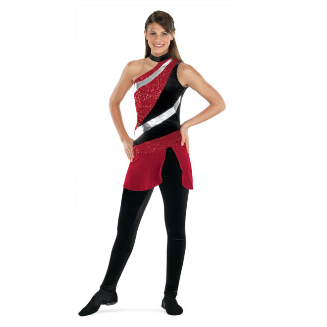 custom one shoulder red, silver, and black color guard uniform over black pants front view on model