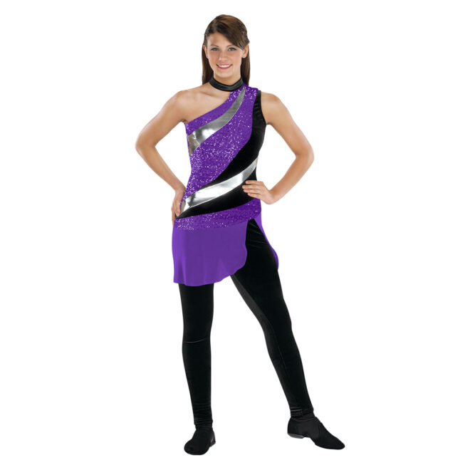 custom one shoulder purple, silver, and black color guard uniform over black pants front view on model