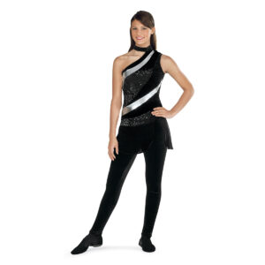 custom one shoulder black, silver, and black color guard uniform over black pants front view on model