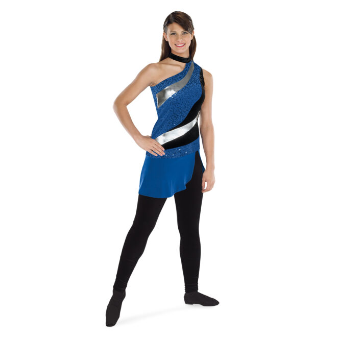 custom one shoulder blue, silver, and black color guard uniform over black pants front view on model