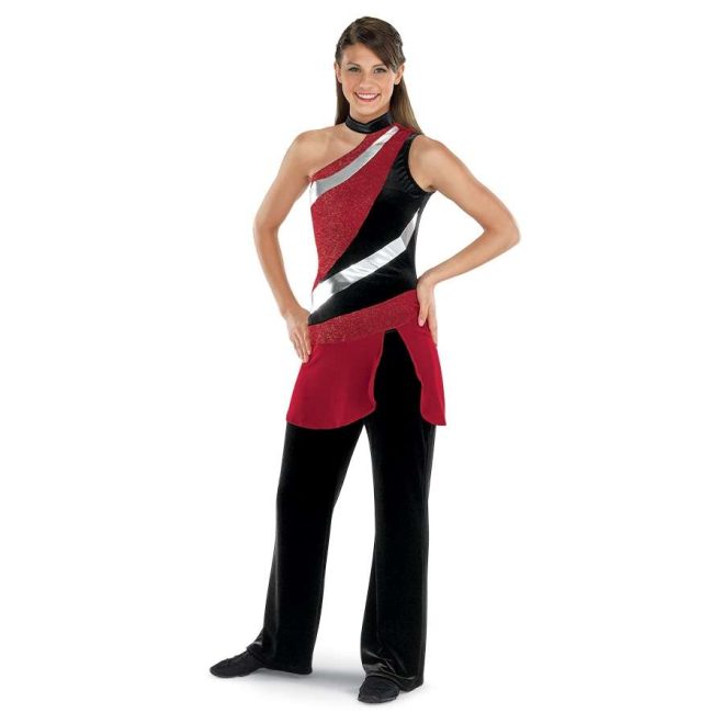 custom one shoulder red, silver, and black color guard uniform over black pants front view on model