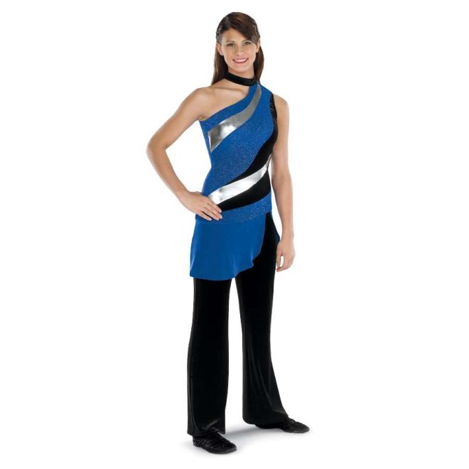 custom one shoulder blue, silver, and black color guard uniform over black pants front view on model
