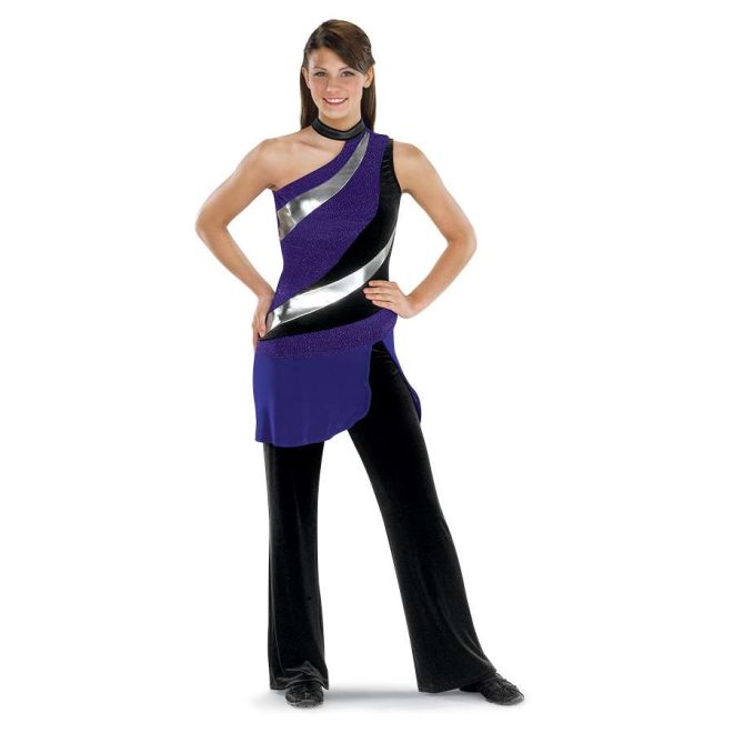 custom one shoulder purple, silver, and black color guard uniform over black pants front view on model