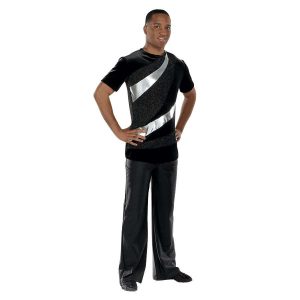custom black and silver short sleeve color guard tunic with black pants front view on model