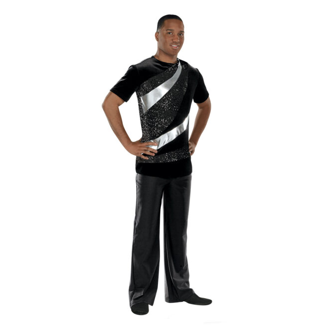 custom black and silver short sleeve color guard tunic with black pants front view on model