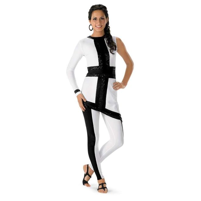 custom one sleeveless one long sleeve asymmetric primarily white with black and silver sequin tunic with black and white leggings color guard uniform front view on model