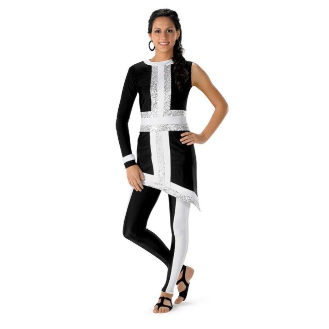 custom one sleeveless one long sleeve asymmetric primarily black with white and silver sequin tunic with black and white leggings color guard uniform front view on model