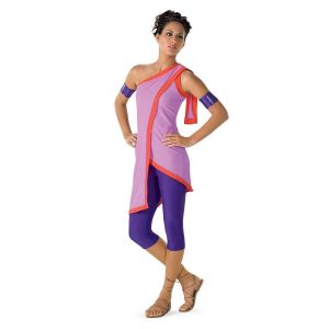 custom one shoulder orchid and flame asymmetric color guard tunic with wrap front style and shoulder drape with purple capri leggings and arm cuffs and gladiator sandals front view on model