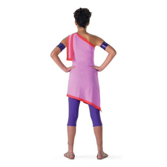 custom one shoulder orchid and flame asymmetric color guard tunic with purple capri leggings and arm cuffs and gladiator sandals back view on model