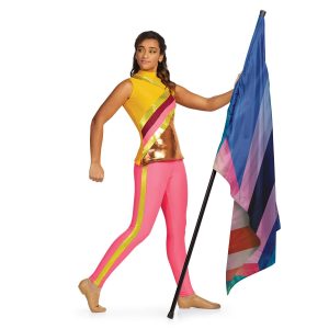 custom yellow with gold, maroon, and pink stripe sleeveless color guard uniform with pink leggings with a gold stripe front view on model holding blue, pink. and red flag