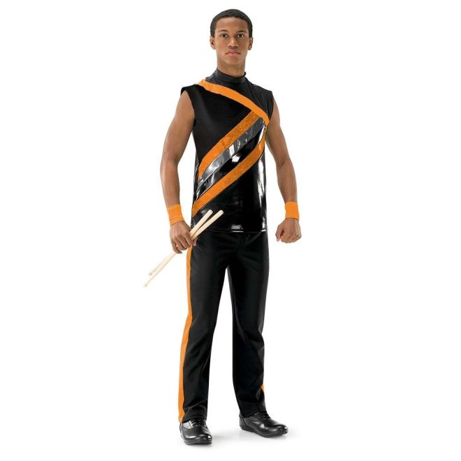 custom orange and black percussion uniform front view on model