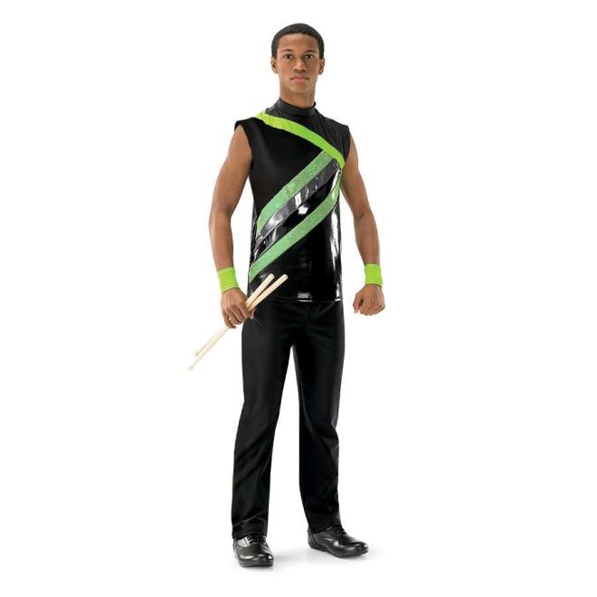 custom black and greens percussion uniform on model front view
