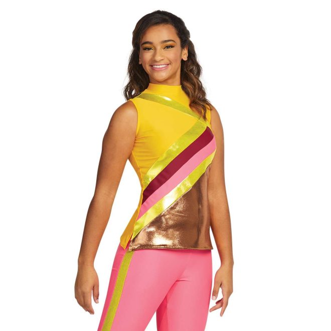custom yellow with gold, maroon, and pink stripe sleeveless color guard uniform with pink leggings with a gold stripe front view on model