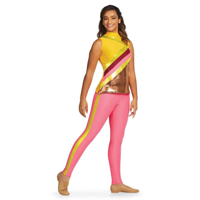 custom yellow with gold, maroon, and pink stripe sleeveless color guard uniform with pink leggings with a gold stripe front view on model