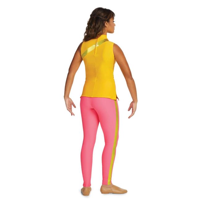 custom yellow with gold stripe sleeveless color guard uniform with pink leggings with a gold stripe back view on model