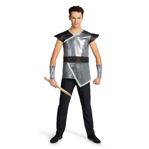 custom wing sleeve sequin black and silver asymmetric color guard tunic with black pants and silver gauntlets front view on model holding drumsticks