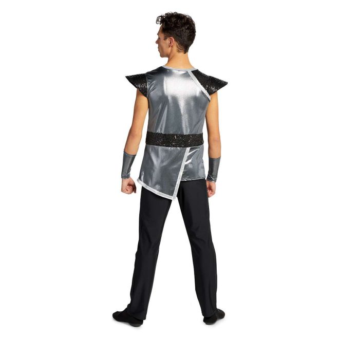 custom wing sleeve sequin black and silver asymmetric color guard tunic with black pants and silver gauntlets back view on model