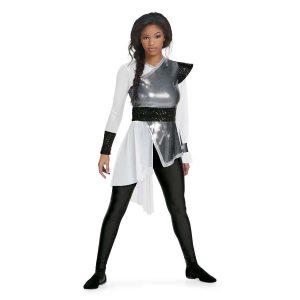custom wing sleeve and white mesh long sleeves sequin black and silver asymmetric color guard tunic with black pants and silver gauntlets front view on model