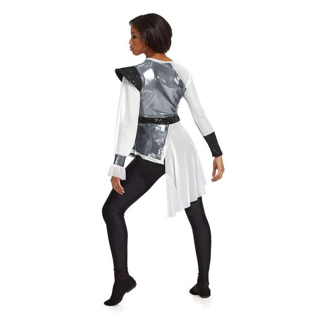 custom wing sleeve and white mesh long sleeves sequin black and silver asymmetric color guard tunic with black pants and silver gauntlets back view on model