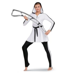 custom white with black detailing color guard uniform with hood with black and white leggings front view on model holding silver airblade