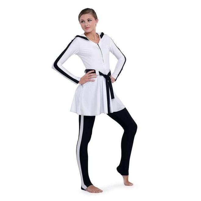 custom white with black detailing color guard uniform with hood with black and white leggings front view on model