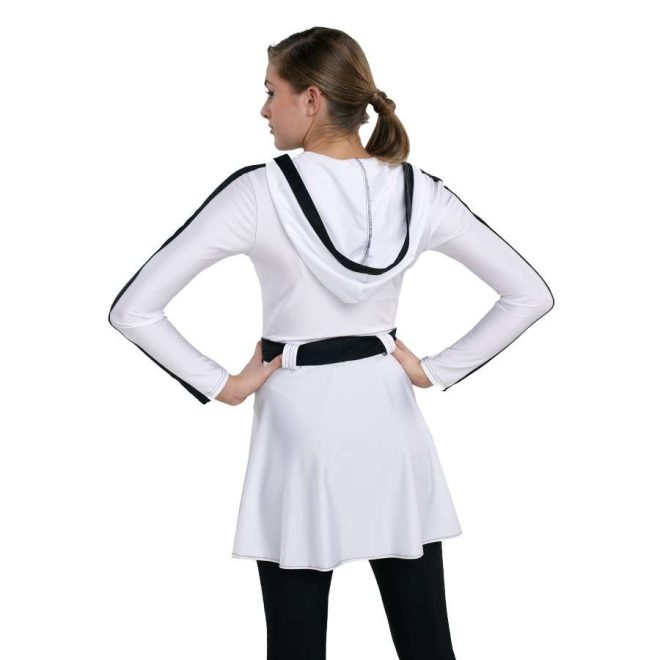 custom white with black detailing color guard uniform with hood with black leggings back view on model