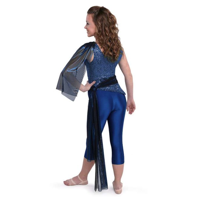 custom navy sequin sleeveless asymmetric color guard uniform with mesh wrap paired with navy capri leggings back view on model