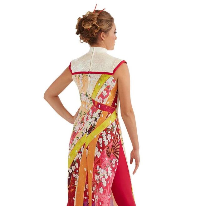 custom sleeveless white sequin bodice with red, yellow, and orange floral pattern below with red pants underneath color guard uniform back view on model