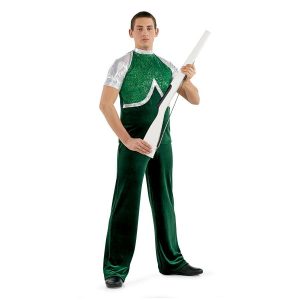 custom silver, green sparkly and velvet color guard short sleeve tunic with green velvet pants front view on model holding rifle
