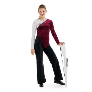 custom maroon and white long sleeve color guard tunic with black pants front view on model holding rifle