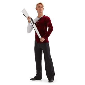 custom marron and white long sleeve color guard tunic with black pants front view on model holding rifle