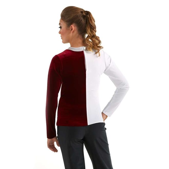 custom half maroon half white long sleeve color guard tunic back view on model