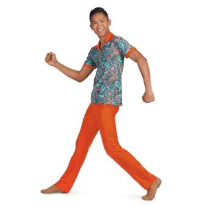 custom paisley orange and blue short sleeve with orange pants color guard uniform front view on model
