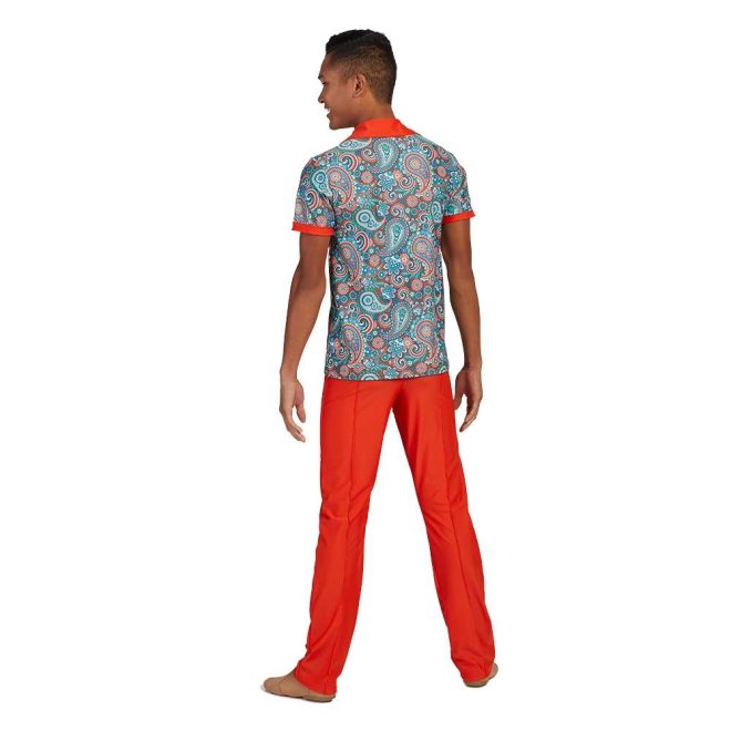 custom paisley orange and blue short sleeve with orange pants color guard uniform back view on model