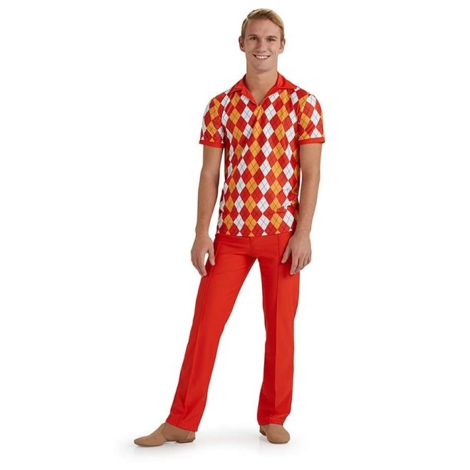 custom checkered orange, yellow and white short sleeve with orange pants color guard uniform front view on model