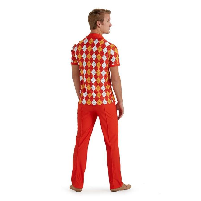 custom checkered orange, yellow and white short sleeve with orange pants color guard uniform back view on model