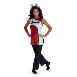custom red and white sleeveless color guard uniform front view on model with black pants