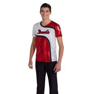 custom red and white color guard short sleeve uniform front view on model