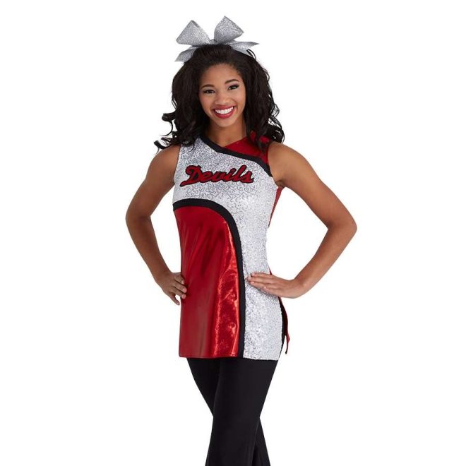 custom red and white sleeveless color guard uniform front view on model