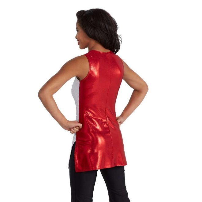 custom sleeveless red and white color guard uniform back view on model