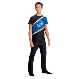 custom black and blue sparkly short sleeve color guard uniform front view on model