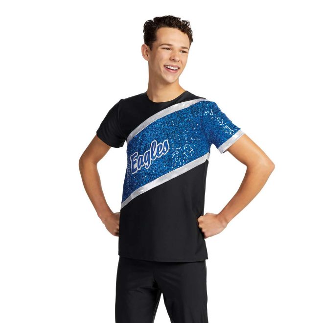 custom black and blue sparkly short sleeve color guard uniform front view on model