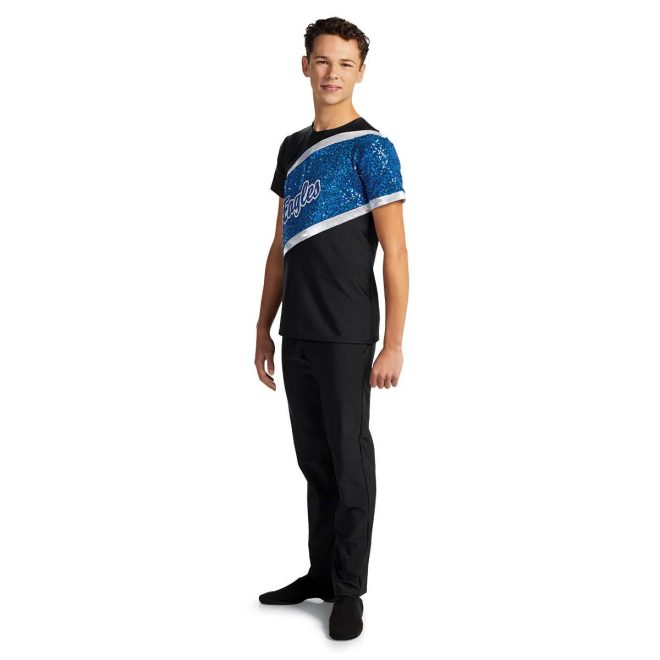 custom black and blue sparkly short sleeve color guard uniform front view on model